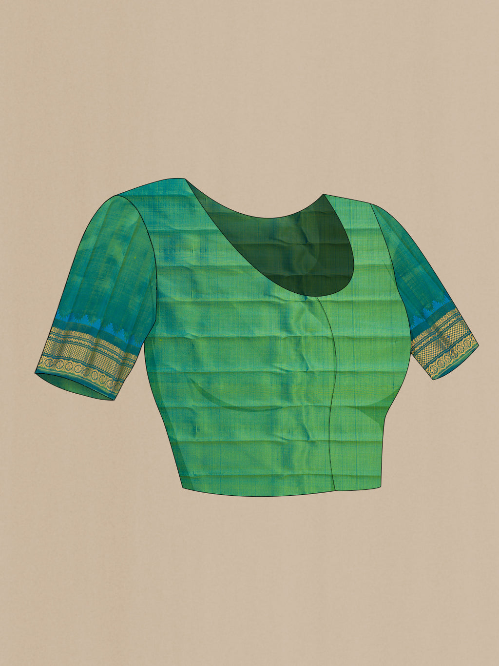 Close up image of the blouse of Green Dual Tone Gadwal Silk Saree with Zari Butta on the body and Zari Border. 