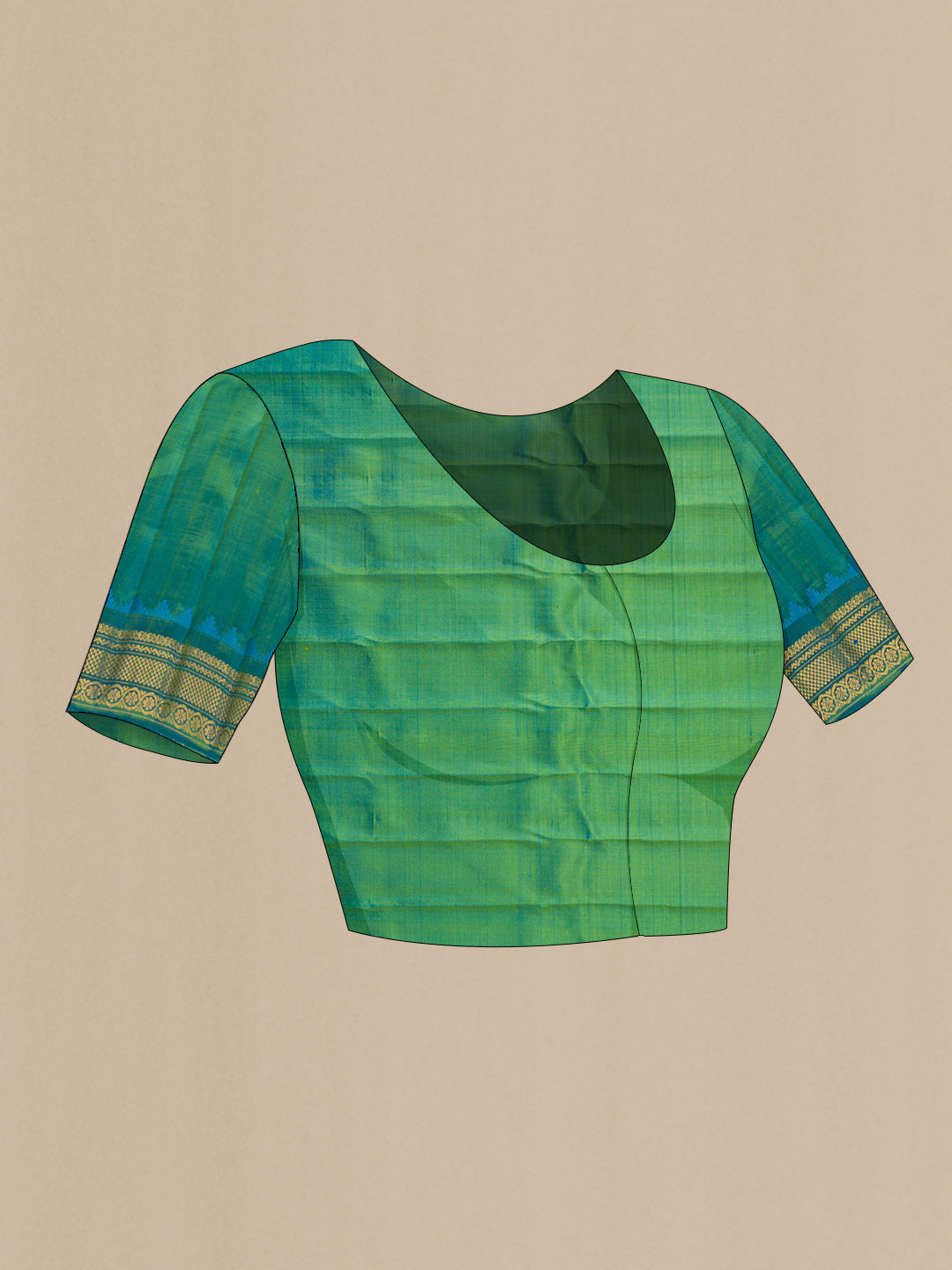 Close up image of the blouse of Green Dual Tone Gadwal Silk Saree with Zari Butta on the body and Zari Border. 