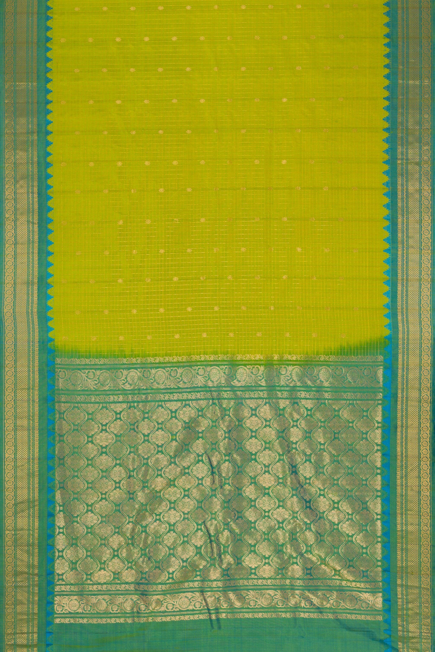 Flat view of Green Dual Tone Gadwal Silk Saree with Zari Butta on the body and Zari Border. 