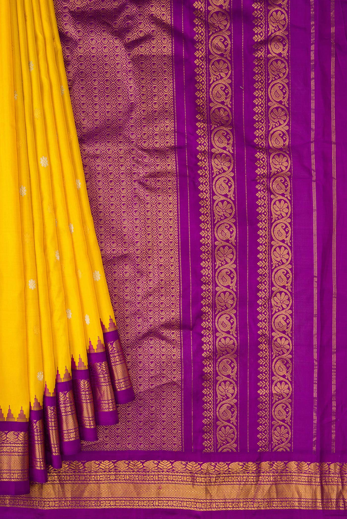 Pleats and pallu of Mustard Dual Tone Gadwal Silk Saree with Zari Butta on the body and Zari Border. 