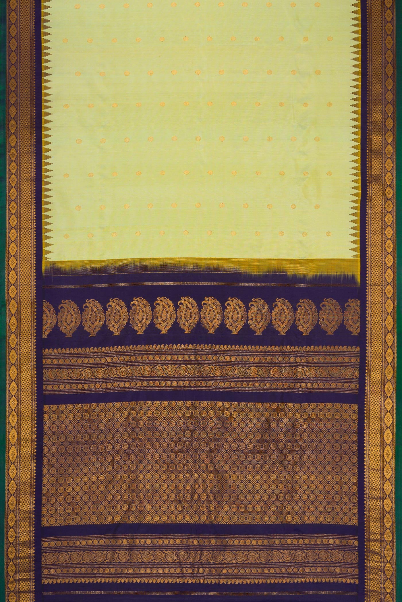 Flat view of Light Green Dual Tone Gadwal Silk Saree with Zari Butta on the body and Zari Border. 