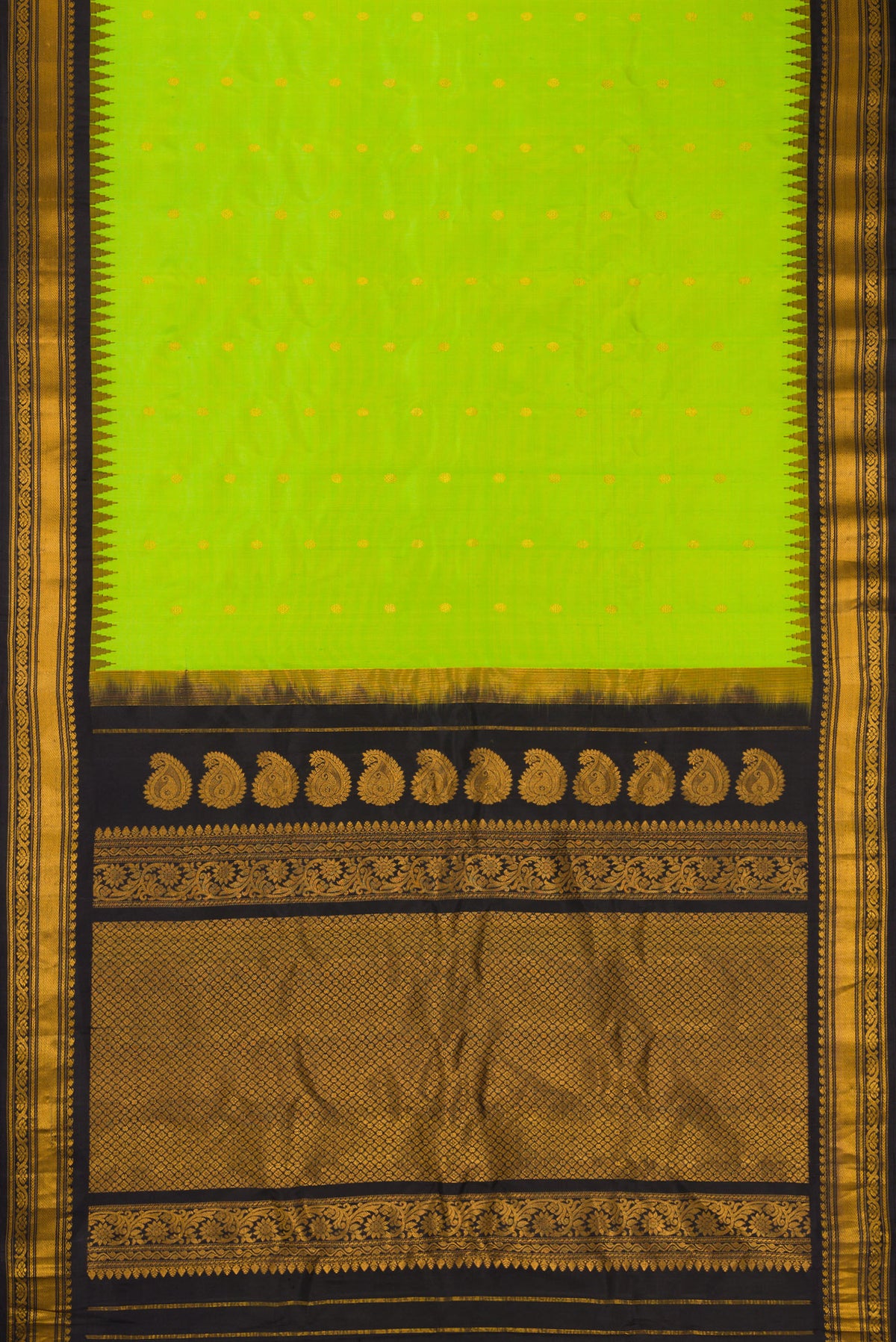 Flat view of Parrot Green Dual Tone Gadwal Silk Saree with Zari Butta on the body and Zari Border. 