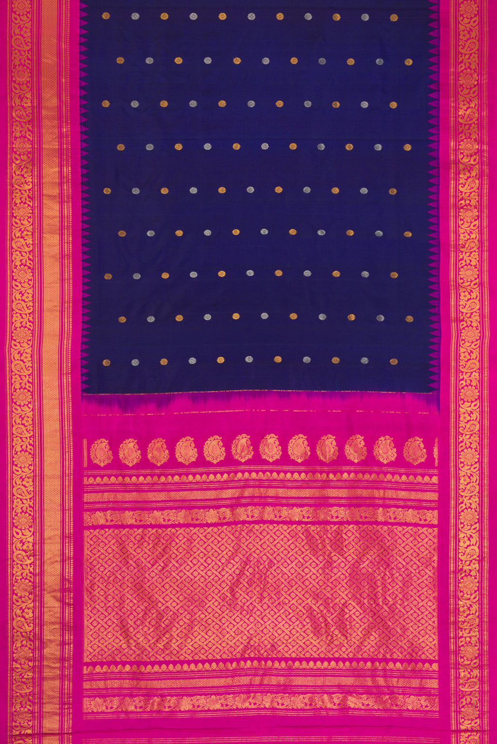 Flat view of Navy Blue Dual Tone Gadwal Silk Saree with Zari Butta on the body and Zari Border. 