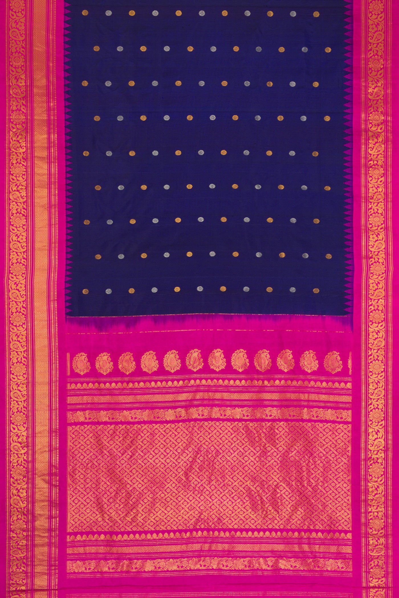 Flat view of Navy Blue Dual Tone Gadwal Silk Saree with Zari Butta on the body and Zari Border. 