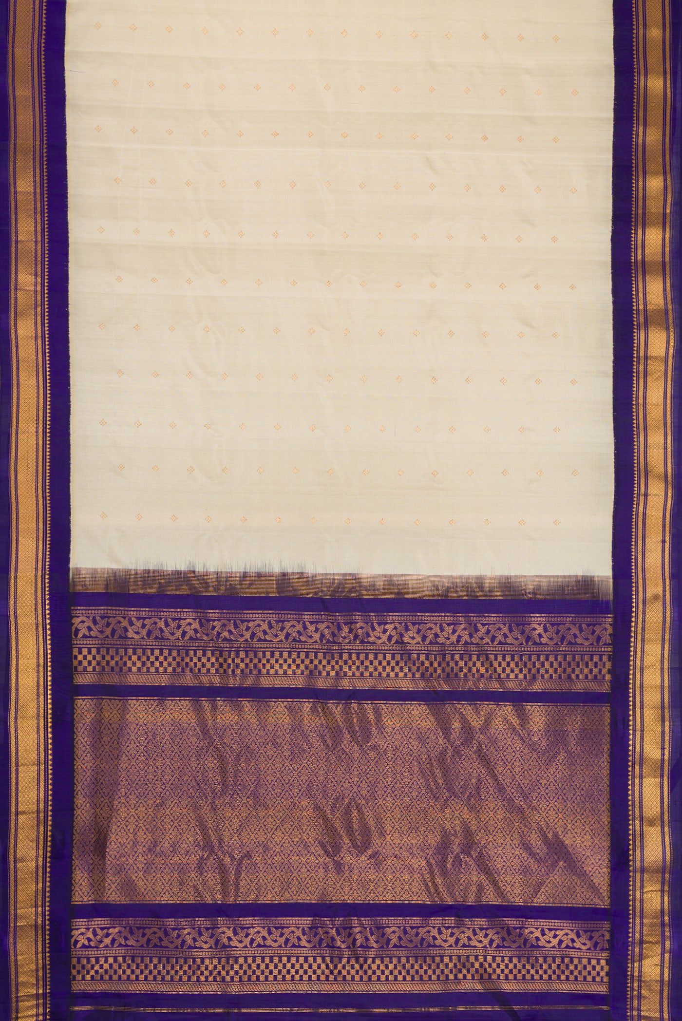Flat view of Sandal Dual Tone Gadwal Silk Saree with Zari Butta on the body and Zari Border. 