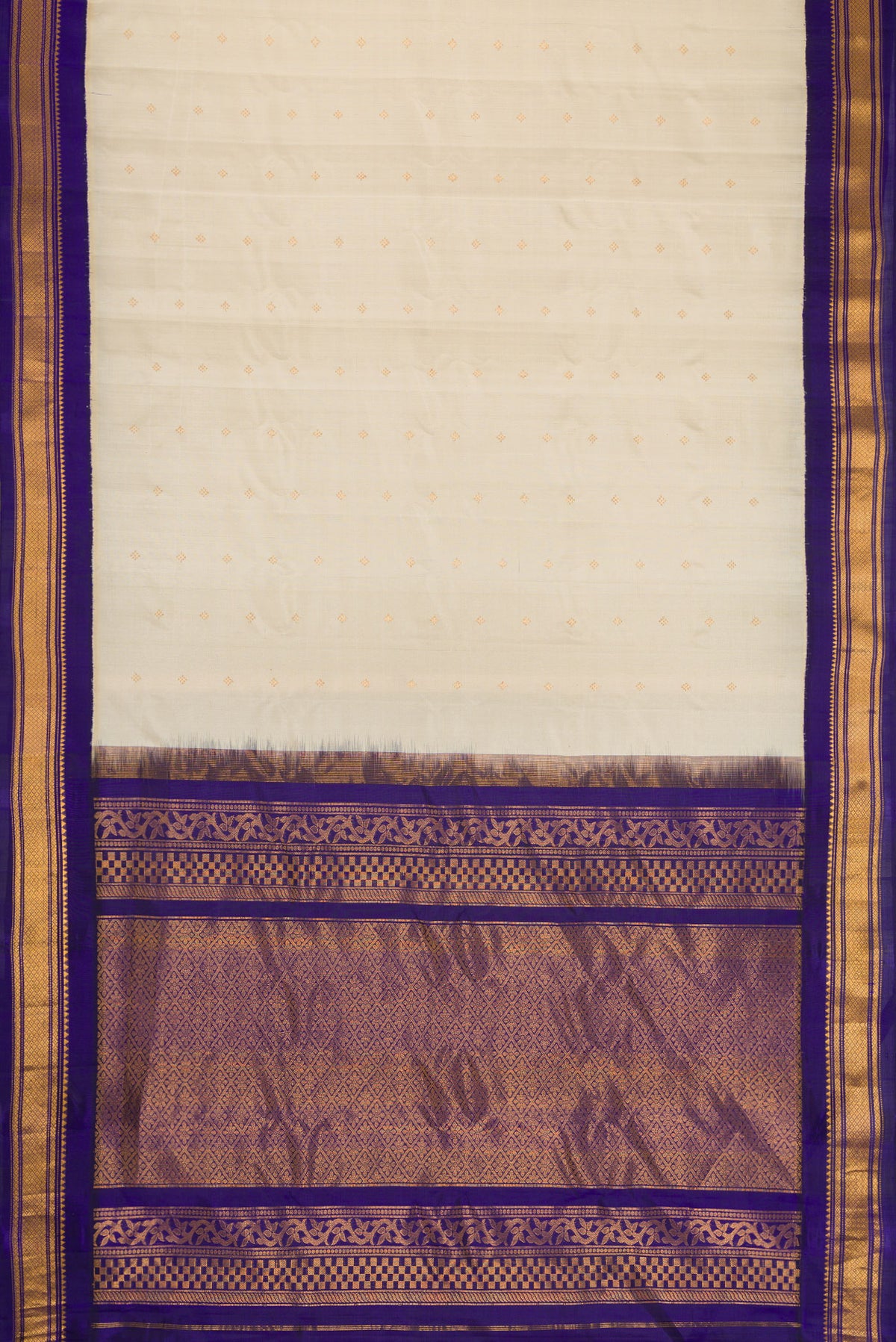 Flat view of Sandal Dual Tone Gadwal Silk Saree with Zari Butta on the body and Zari Border. 