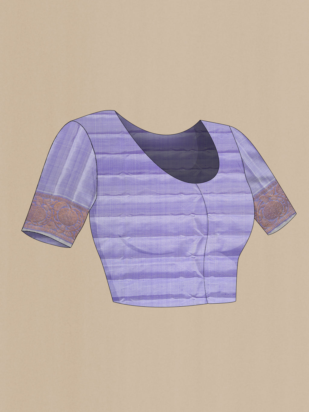 Close up image of the blouse of Violet Dual Tone Gadwal Silk Saree with Zari Butta on the body and Fancy Border. 