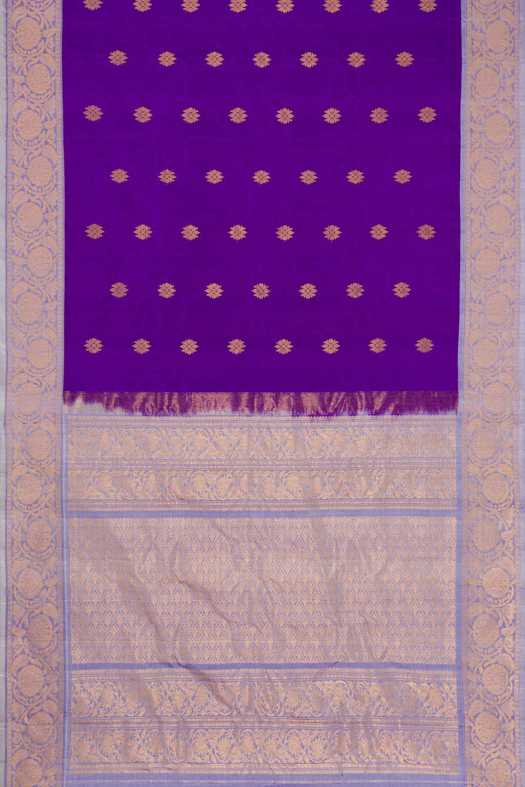 Flat view of Violet Dual Tone Gadwal Silk Saree with Zari Butta on the body and Fancy Border. 