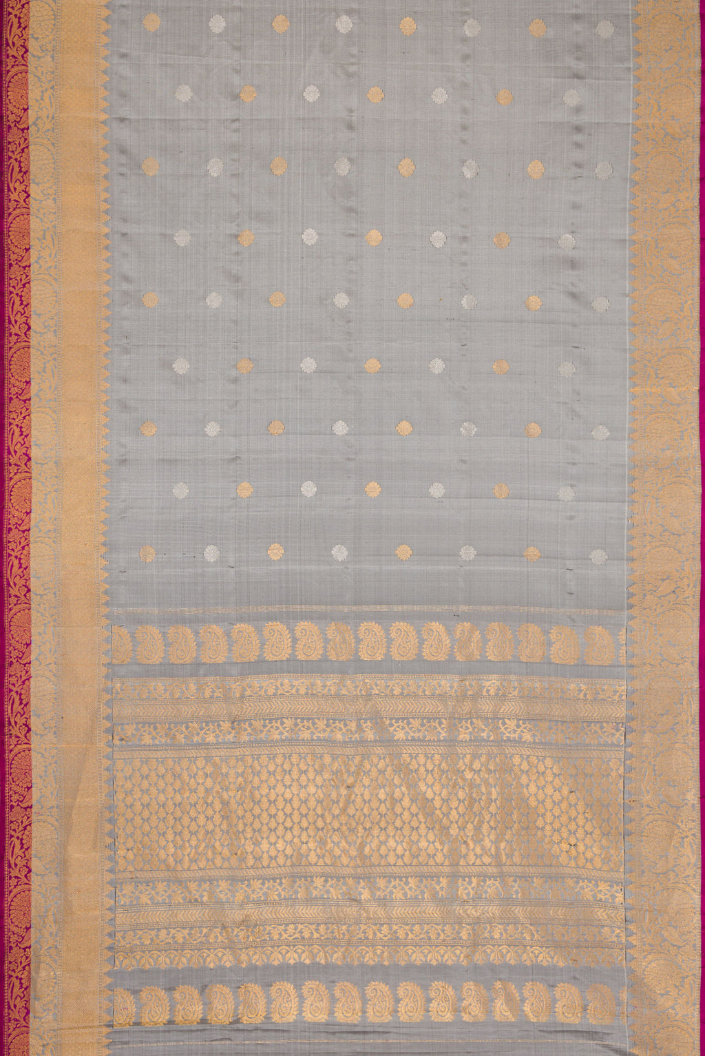 Flat view of Grey Dual Tone Gadwal Silk Saree with Zari Butta on the body and Zari Border. 
