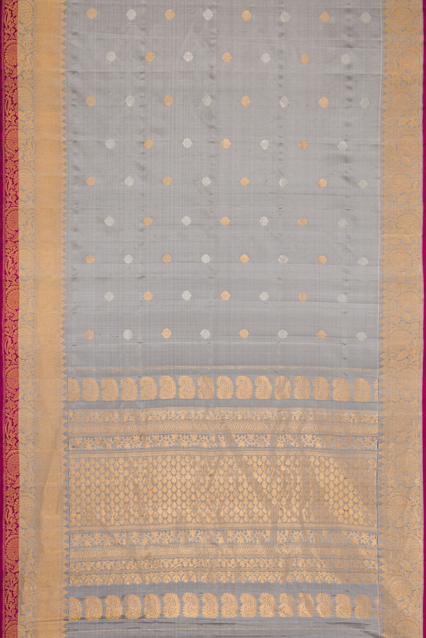 Flat view of Grey Dual Tone Gadwal Silk Saree with Zari Butta on the body and Zari Border. 