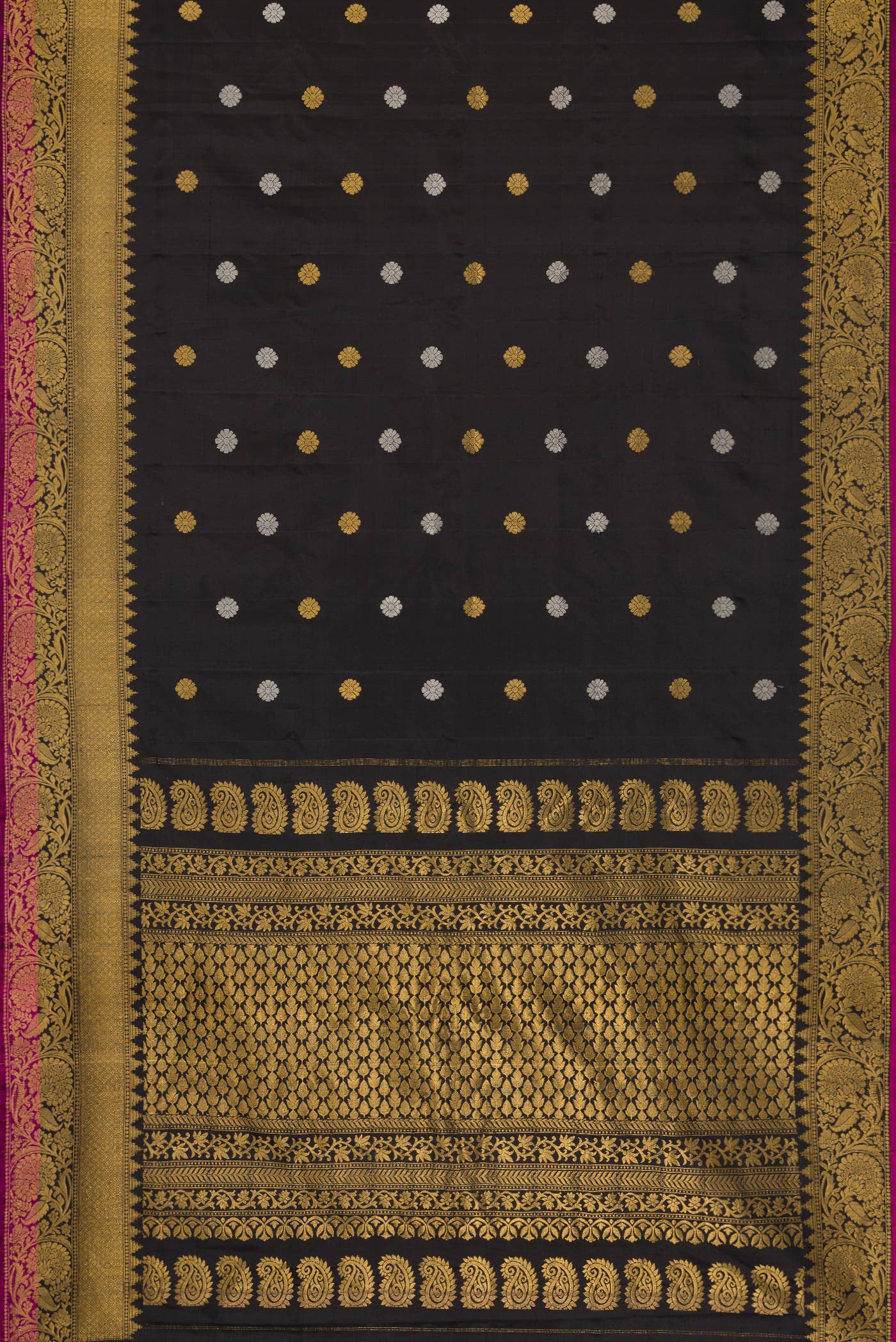 Flat view of Black Dual Tone Gadwal Silk Saree with Zari Butta on the body and Zari Border. 