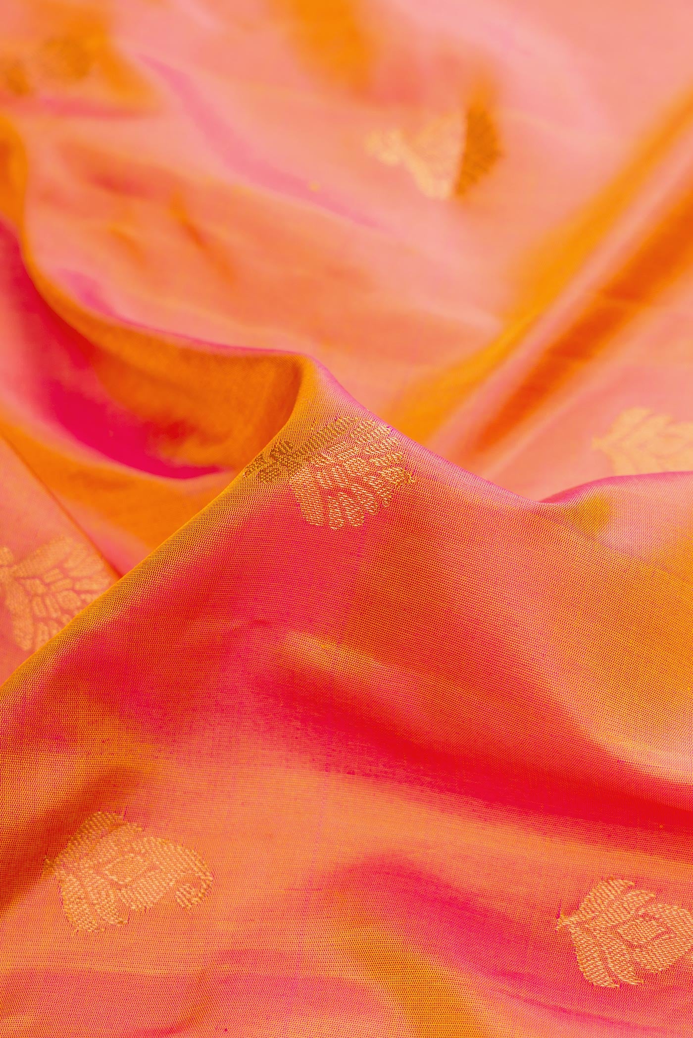 Close up of Coral Dual Tone Gadwal Silk Saree with Zari Butta on the body and Zari Border.  displaying folds