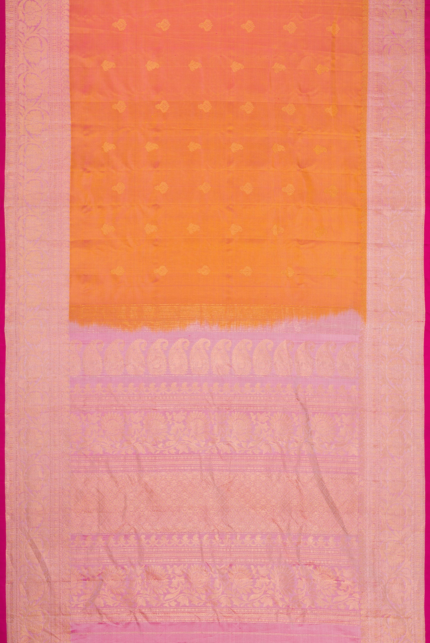 Flat view of Coral Dual Tone Gadwal Silk Saree with Zari Butta on the body and Zari Border. 
