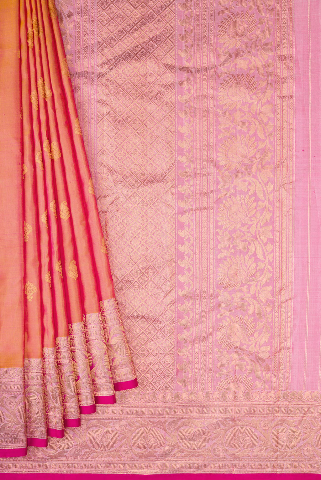 Pleats and pallu of Coral Dual Tone Gadwal Silk Saree with Zari Butta on the body and Zari Border. 