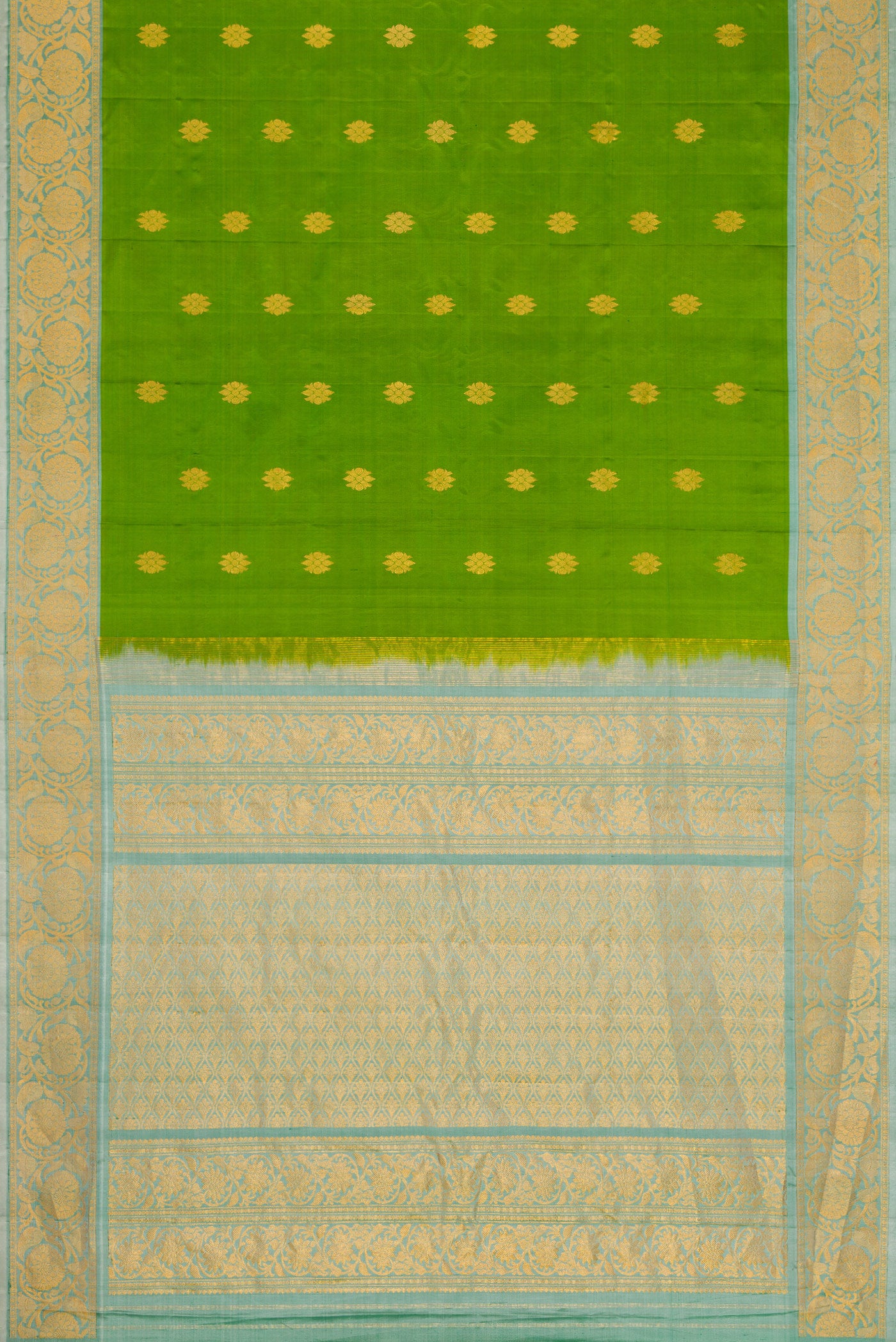 Flat view of Green Dual Tone Gadwal Silk Saree with Zari Butta on the body and Zari Border. 