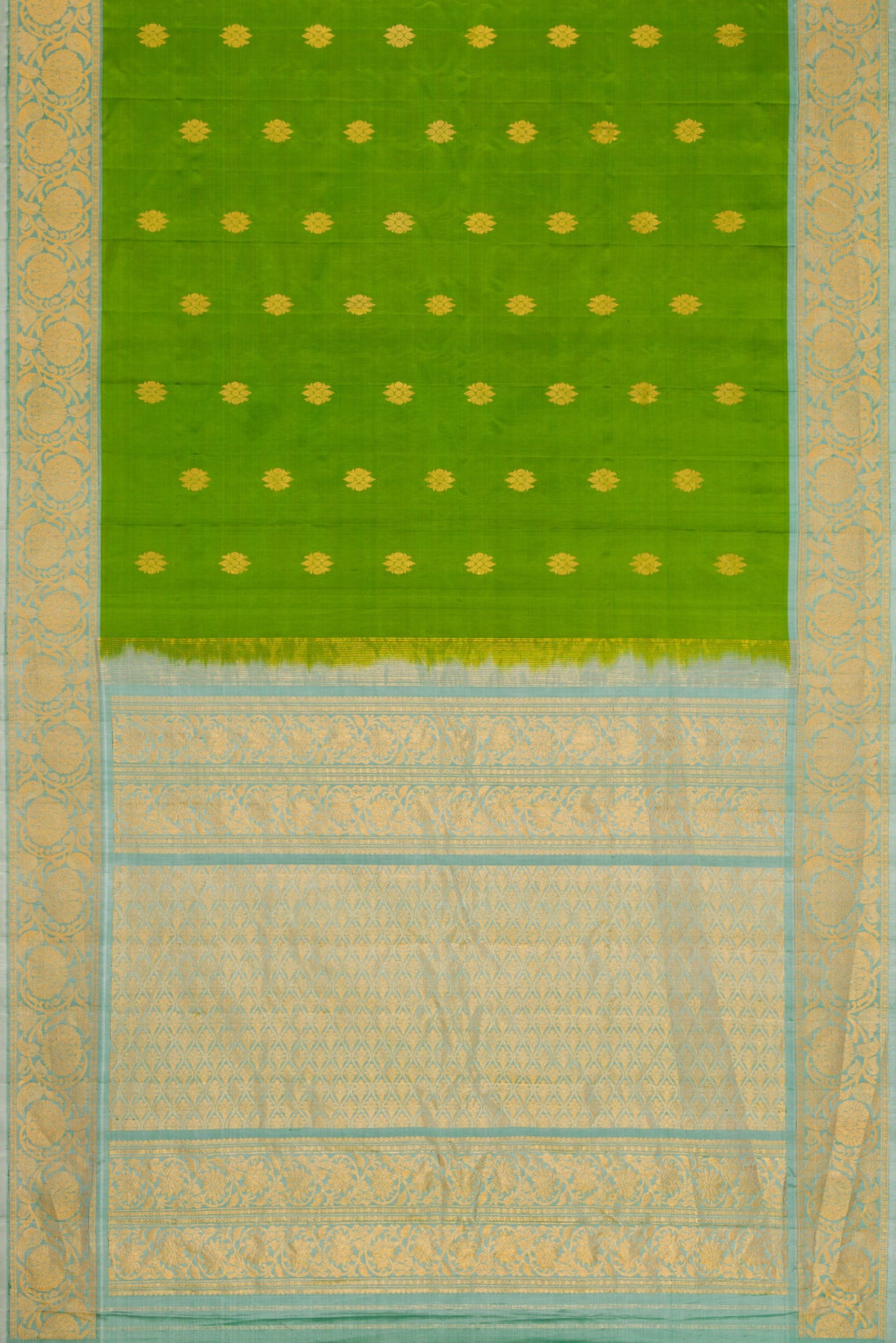 Flat view of Green Dual Tone Gadwal Silk Saree with Zari Butta on the body and Zari Border. 