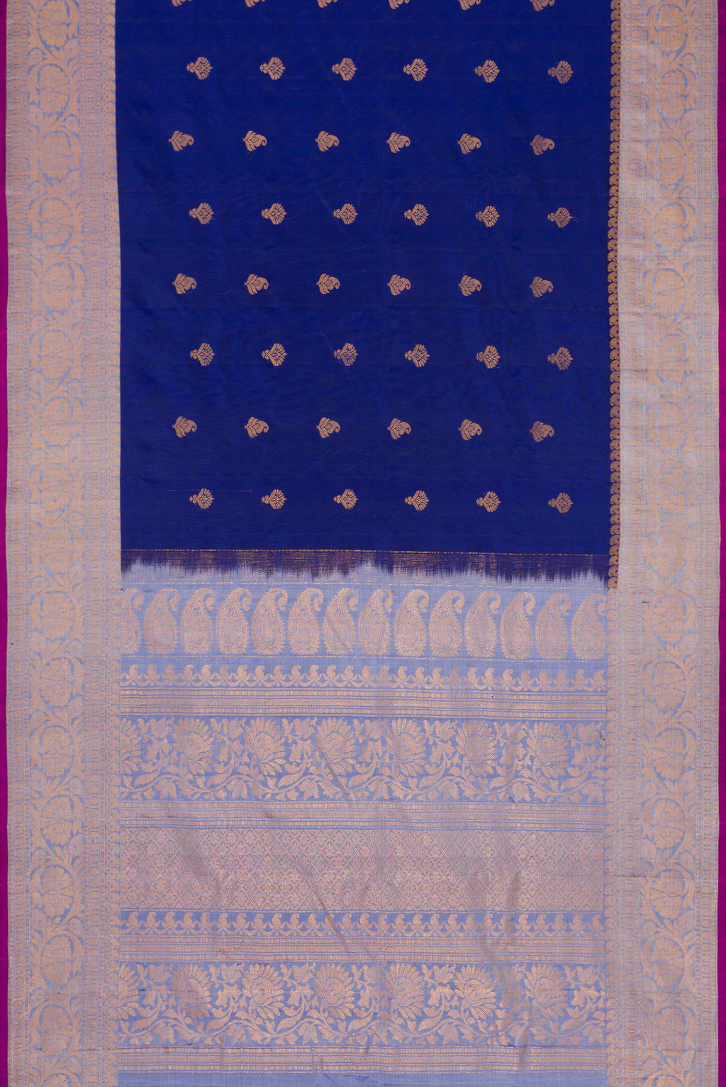 Flat view of Royal Blue Dual Tone Gadwal Silk Saree with Zari Butta on the body and Zari Border. 