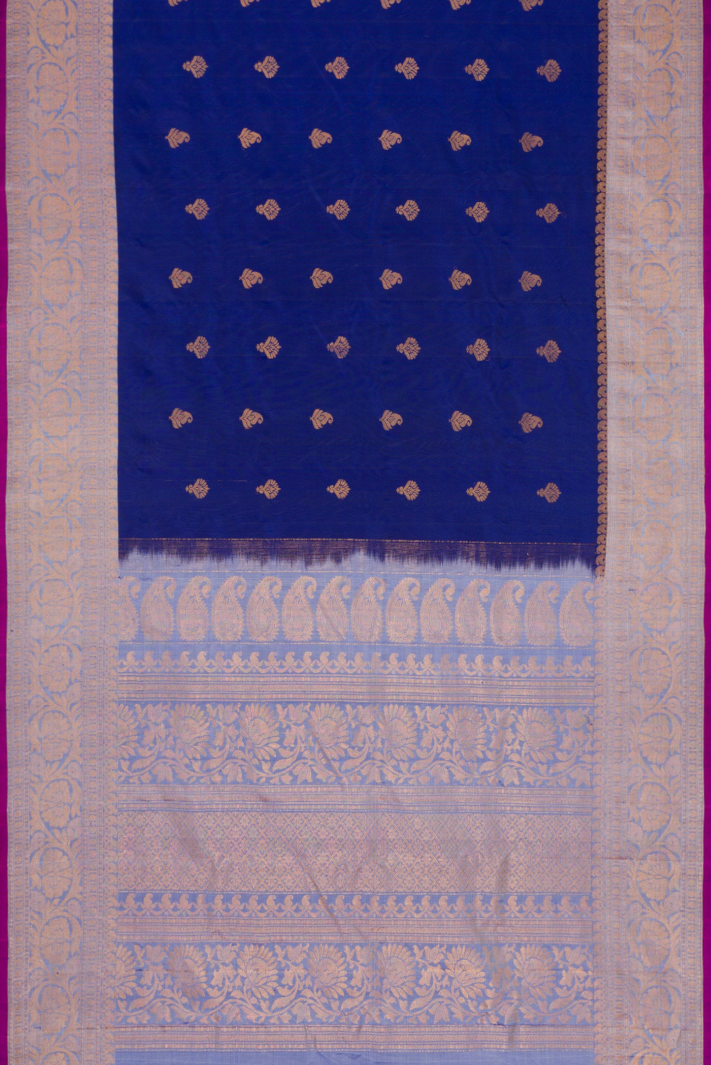 Flat view of Royal Blue Dual Tone Gadwal Silk Saree with Zari Butta on the body and Zari Border. 