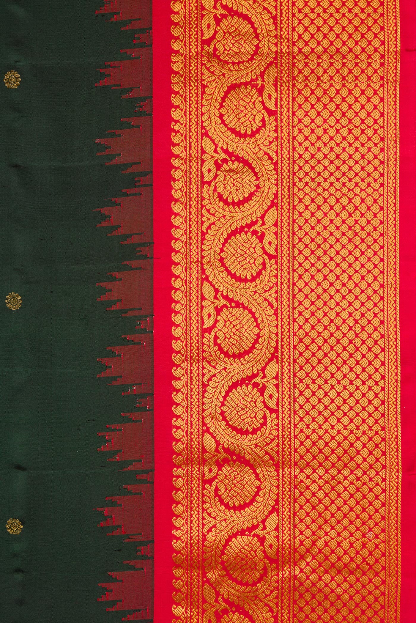 Border image of Bottle Green Dual Tone Gadwal Silk Saree with Zari Butta on the body and Zari Border. 