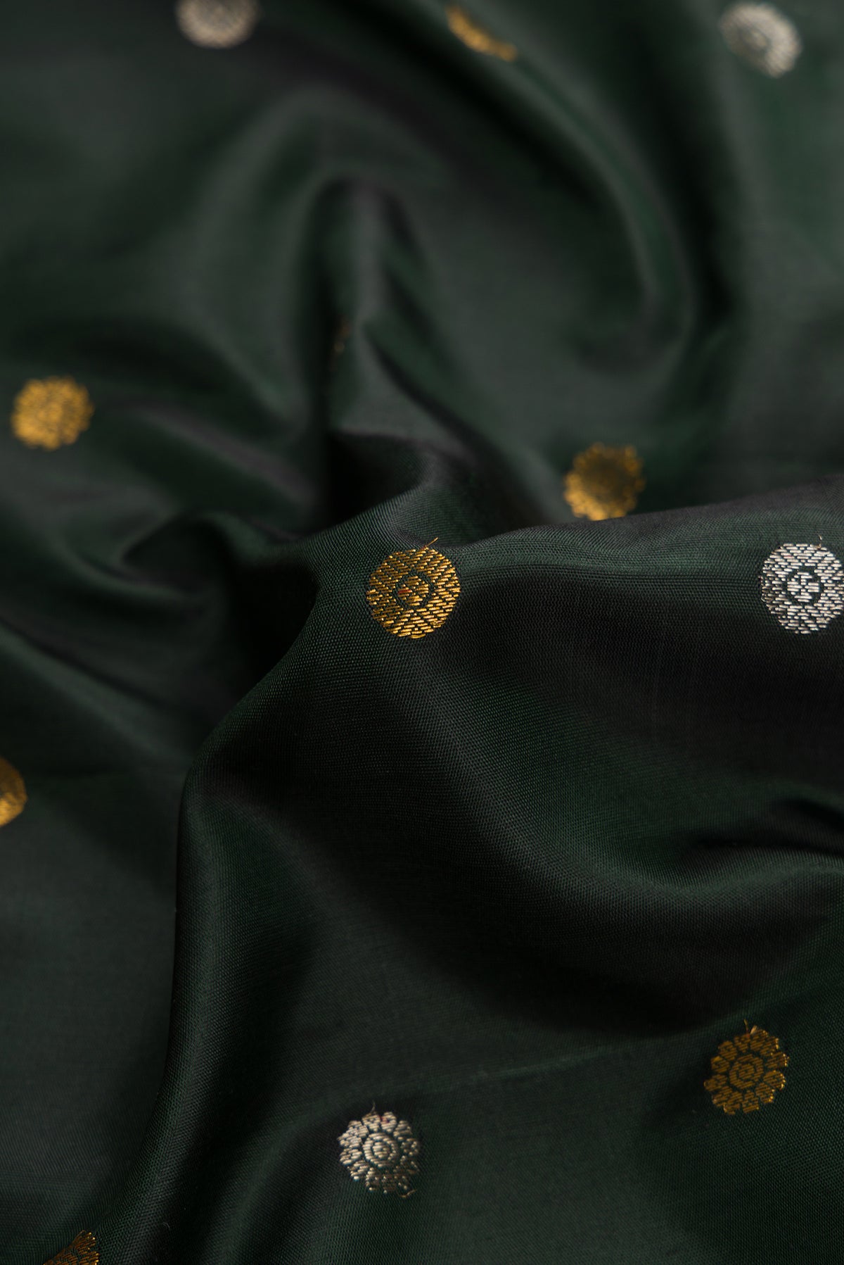 Close up of Bottle Green Dual Tone Gadwal Silk Saree with Zari Butta on the body and Zari Border.  displaying folds