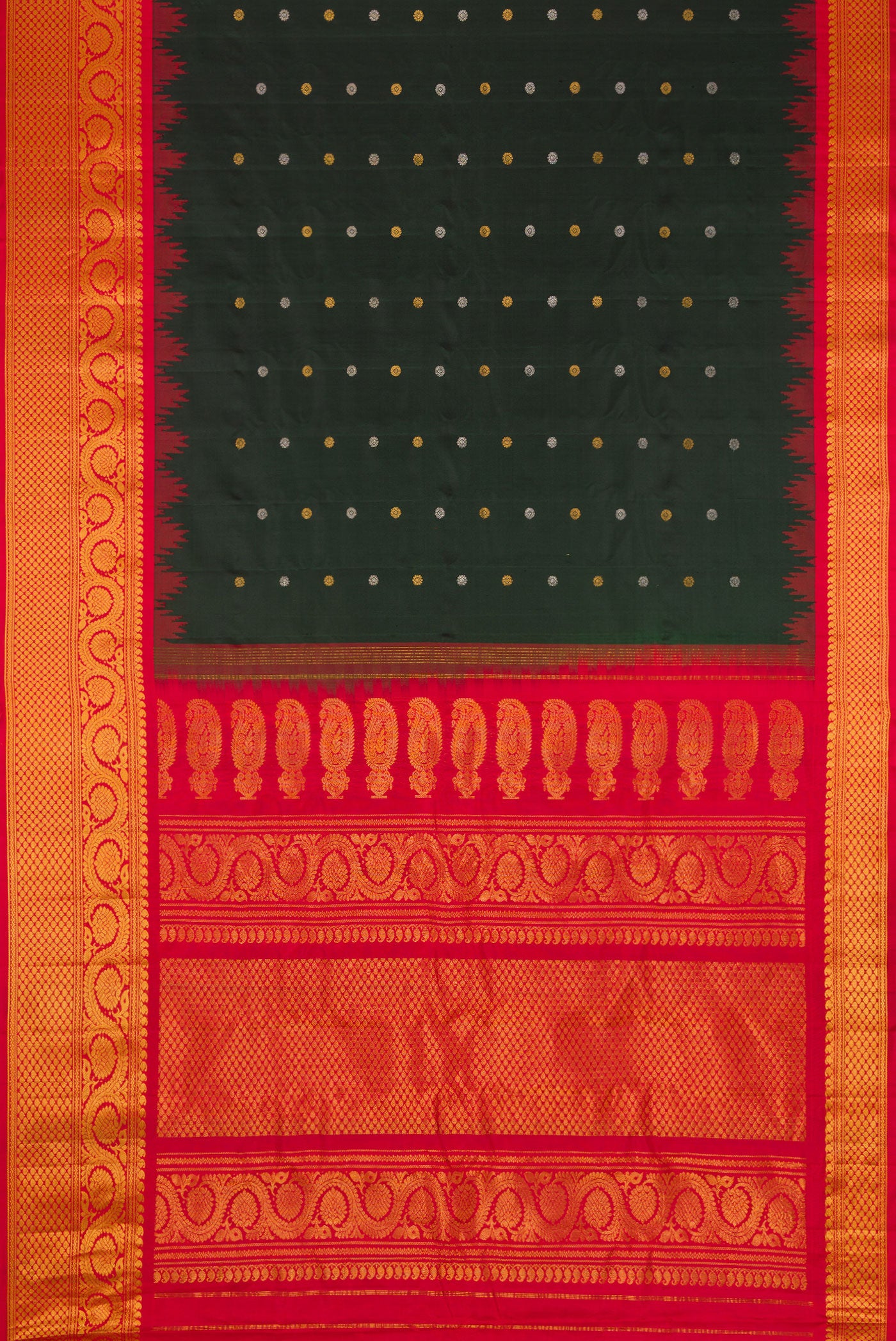 Flat view of Bottle Green Dual Tone Gadwal Silk Saree with Zari Butta on the body and Zari Border. 
