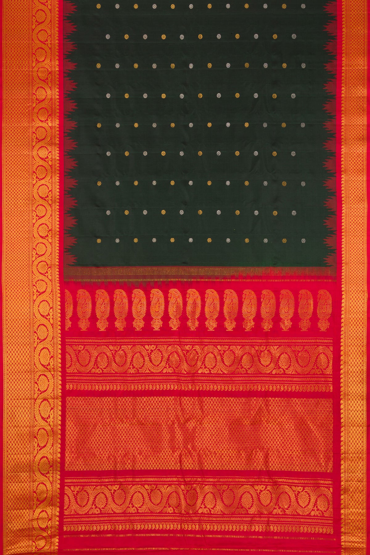 Flat view of Bottle Green Dual Tone Gadwal Silk Saree with Zari Butta on the body and Zari Border. 