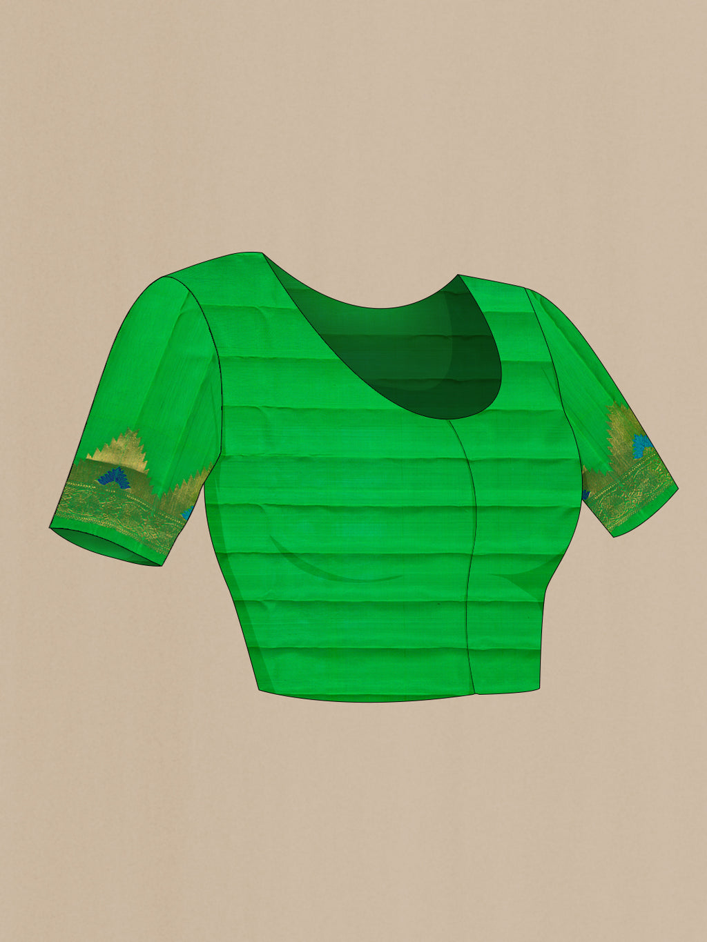 Close up image of the blouse of Light Green Dual Tone Gadwal Silk Saree with Zari Butta on the body and Zari Border. 