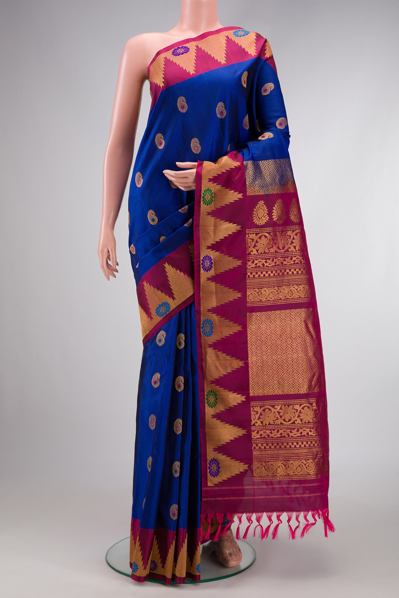 Royal Blue Dual Tone Gadwal Silk Saree with Zari Butta on the body and Zari Border.  displayed on a mannequin