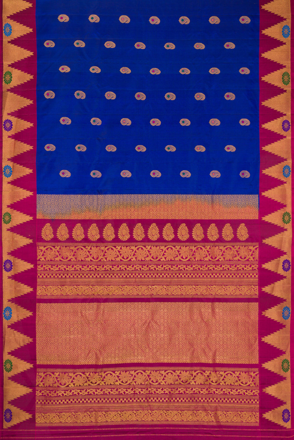 Flat view of Royal Blue Dual Tone Gadwal Silk Saree with Zari Butta on the body and Zari Border. 