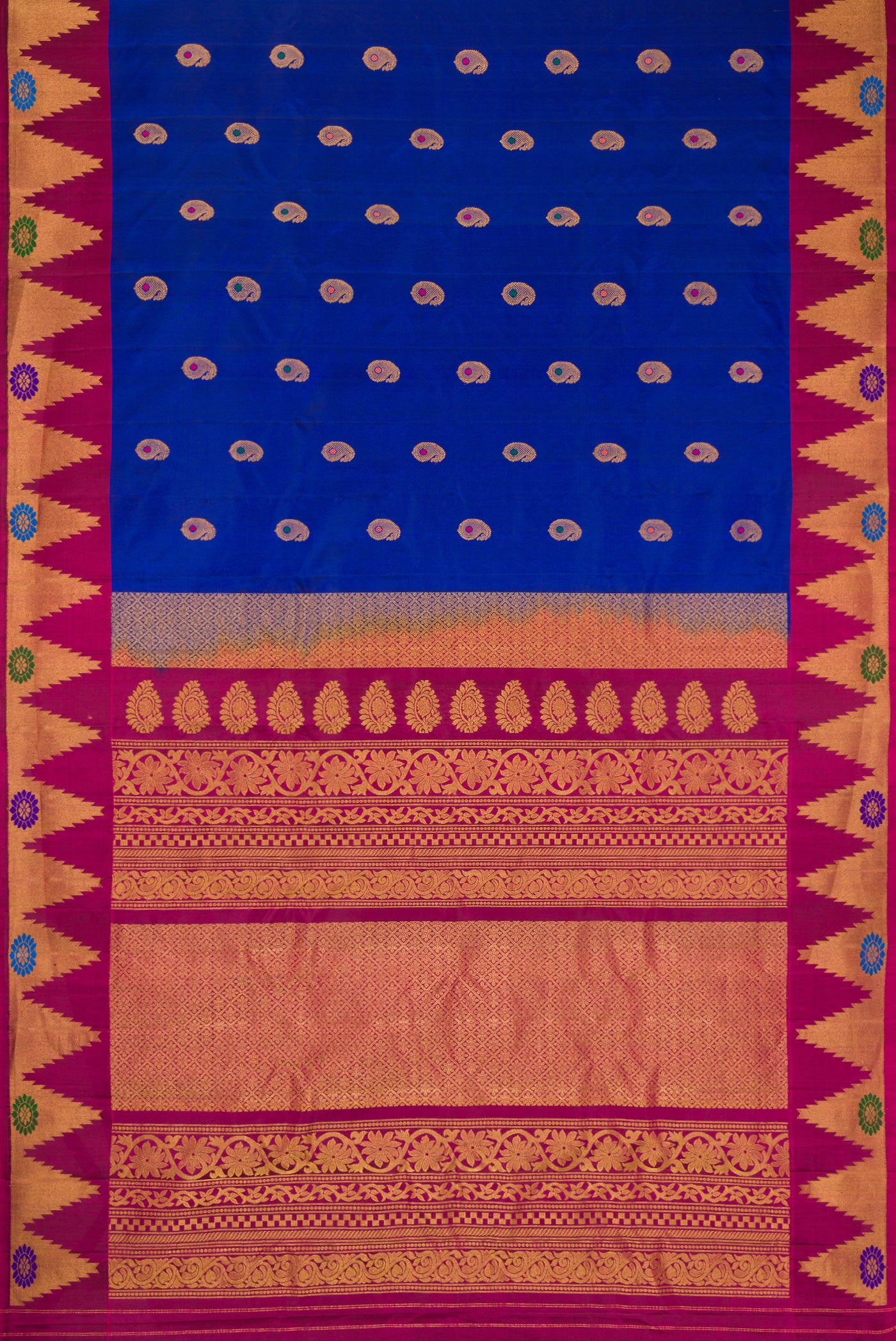 Flat view of Royal Blue Dual Tone Gadwal Silk Saree with Zari Butta on the body and Zari Border. 