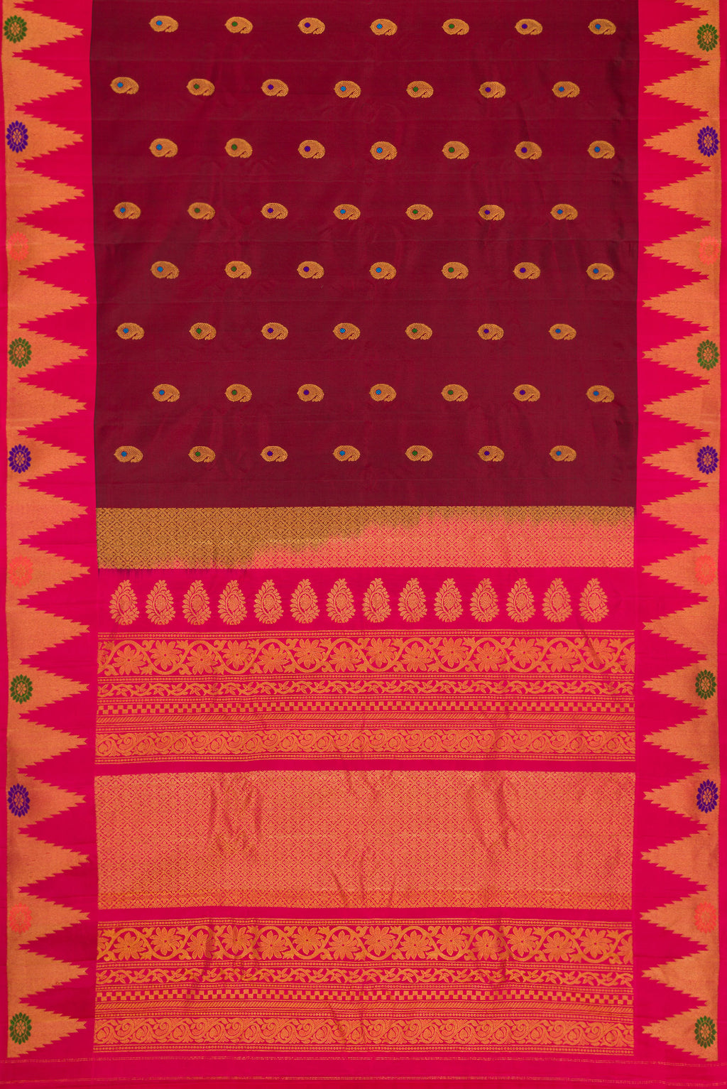 Flat view of Maroon Dual Tone Gadwal Silk Saree with Zari And Thread Butta on the body and Zari Border. 
