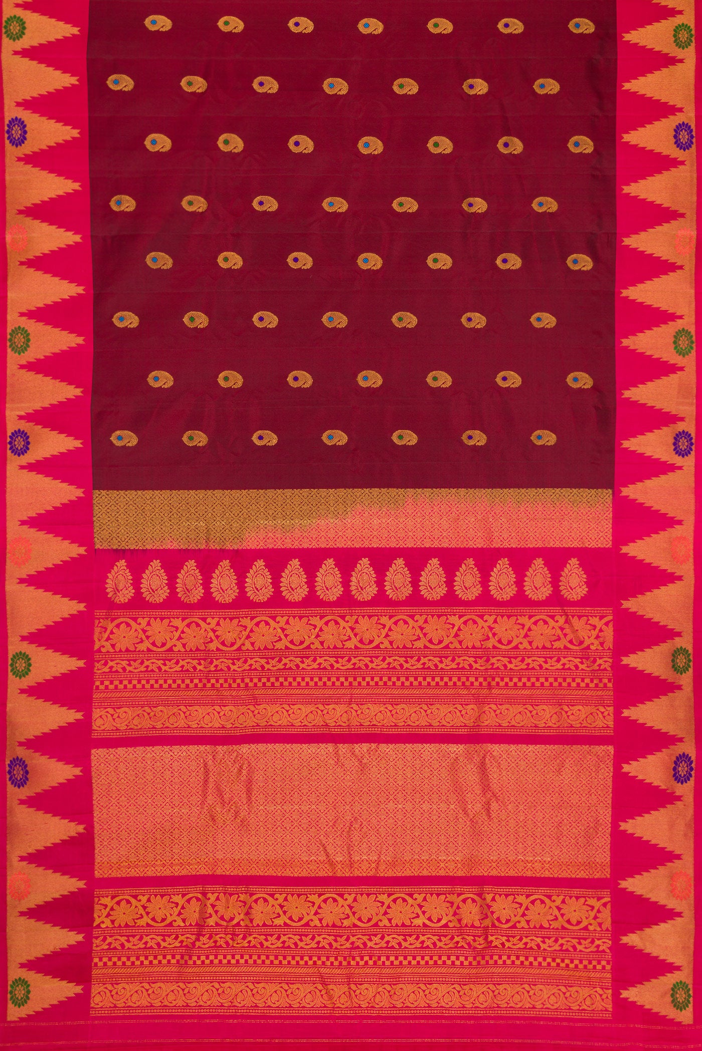 Flat view of Maroon Dual Tone Gadwal Silk Saree with Zari And Thread Butta on the body and Zari Border. 