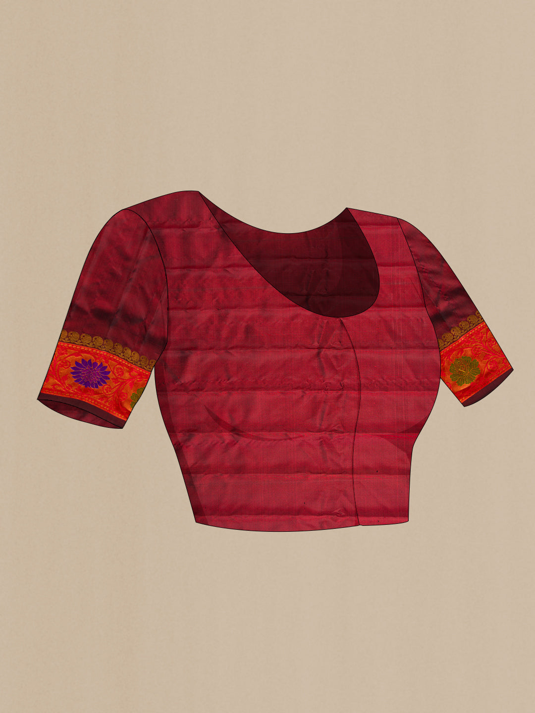 Close up image of the blouse of Maroon Dual Tone Gadwal Silk Saree with Zari Butta on the body and Zari And Thread Border. 