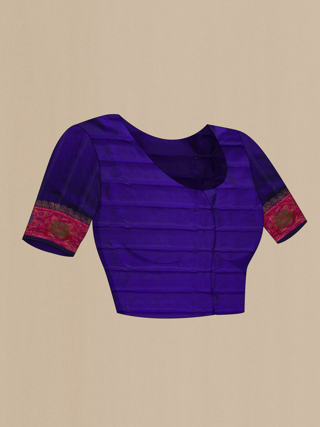 Close up image of the blouse of Royal Blue Dual Tone Gadwal Silk Saree with Zari And Thread Butta on the body and Zari Border. 