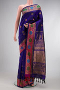 Royal Blue Dual Tone Gadwal Silk Saree with Zari And Thread Butta on the body and Zari Border.  displayed on a mannequin