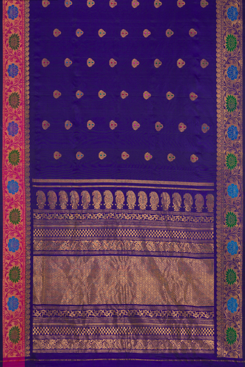 Flat view of Royal Blue Dual Tone Gadwal Silk Saree with Zari And Thread Butta on the body and Zari Border. 