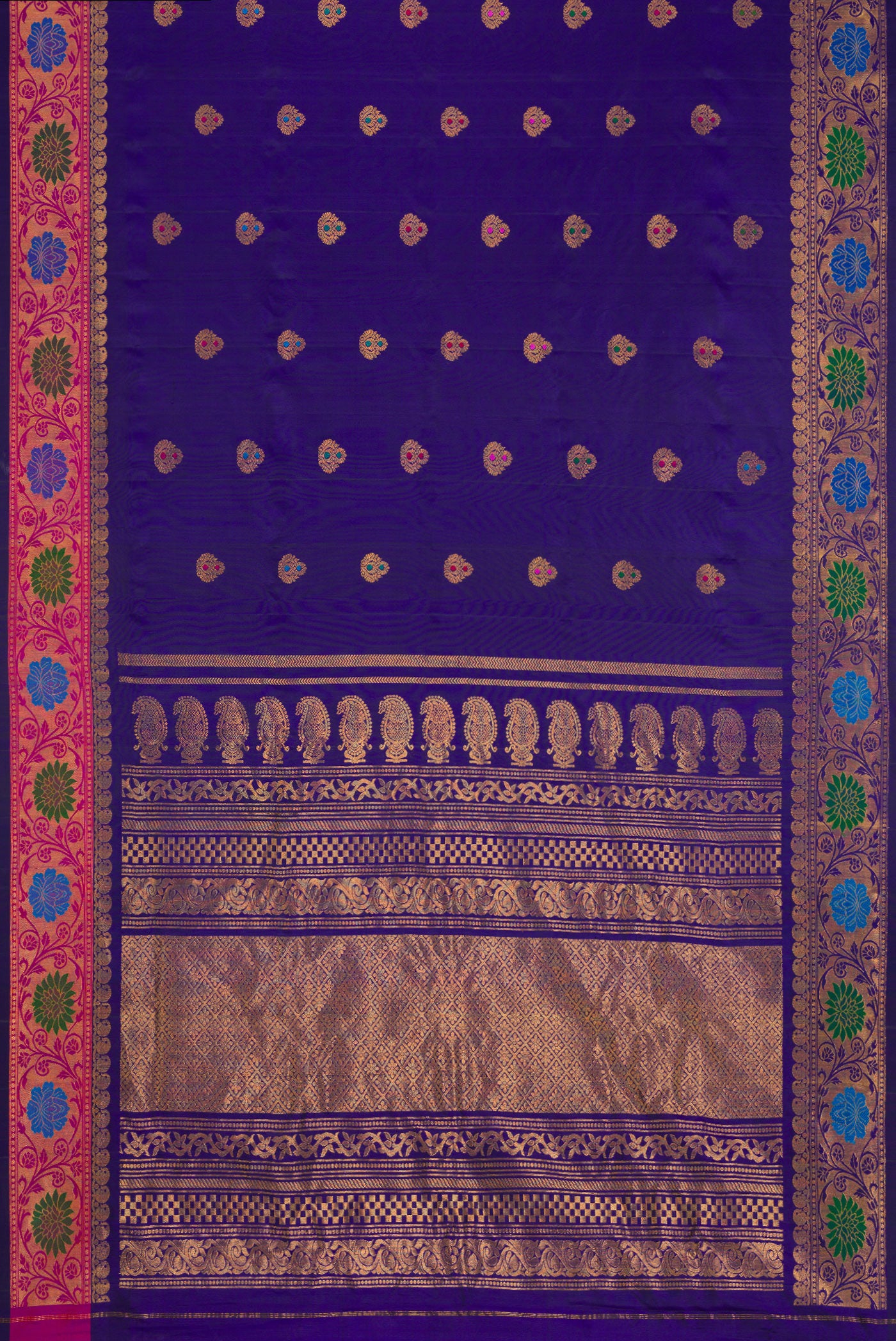 Flat view of Royal Blue Dual Tone Gadwal Silk Saree with Zari And Thread Butta on the body and Zari Border. 