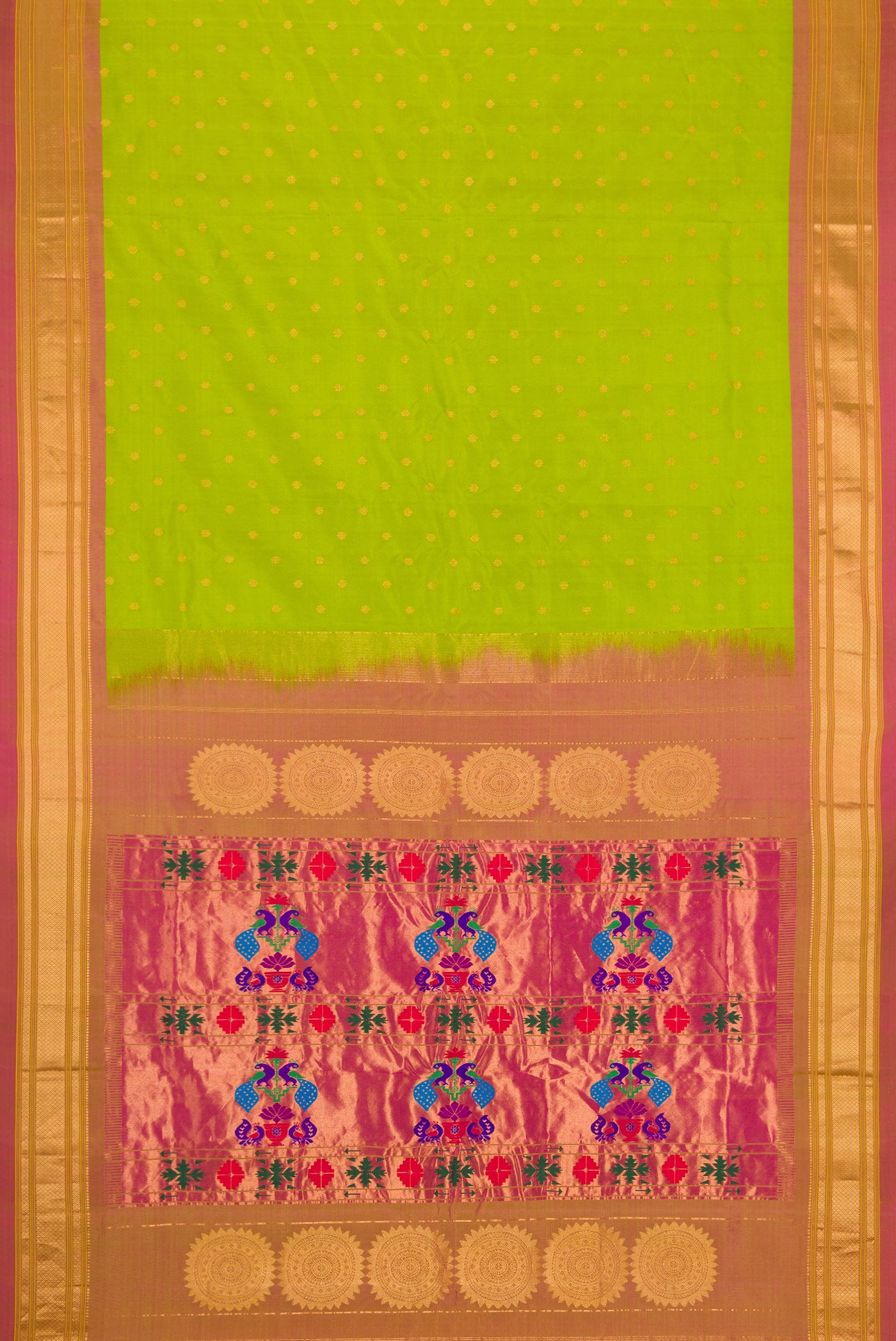 Flat view of Parrot Green Dual Tone Paithani Silk Saree with Zari Butta on the body and Zari Border. 