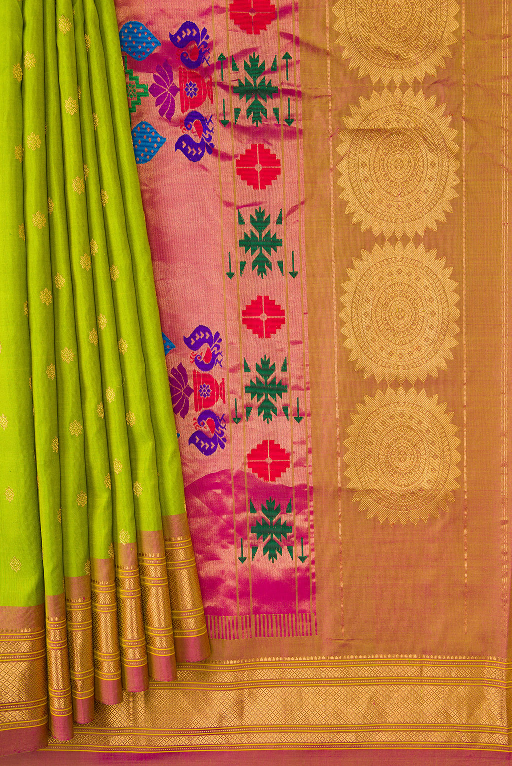 Pleats and pallu of Parrot Green Dual Tone Paithani Silk Saree with Zari Butta on the body and Zari Border. 