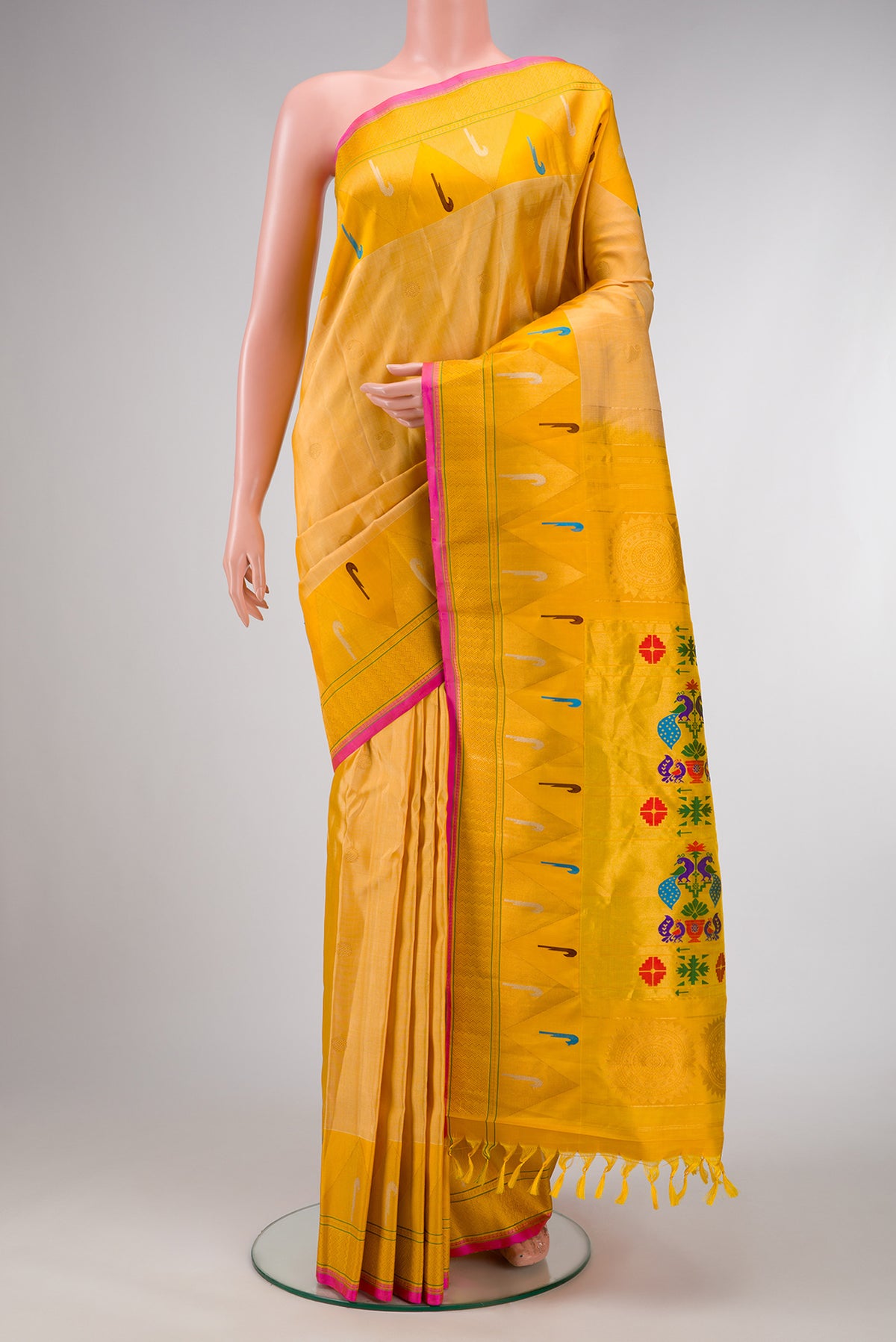 Sandal Dual Tone Gadwal Silk Saree with Zari Butta on the body and Paithani Border.  displayed on a mannequin