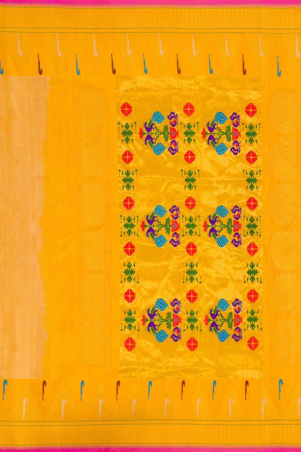 Close up image of the pallu of Sandal Dual Tone Gadwal Silk Saree with Zari Butta on the body and Paithani Border. 