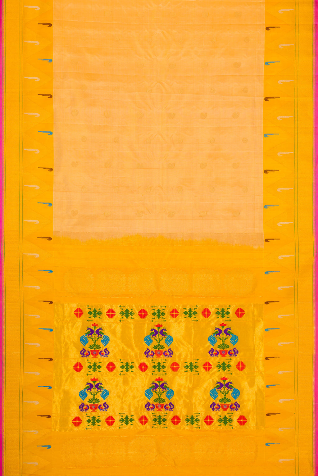 Flat view of Sandal Dual Tone Gadwal Silk Saree with Zari Butta on the body and Paithani Border. 