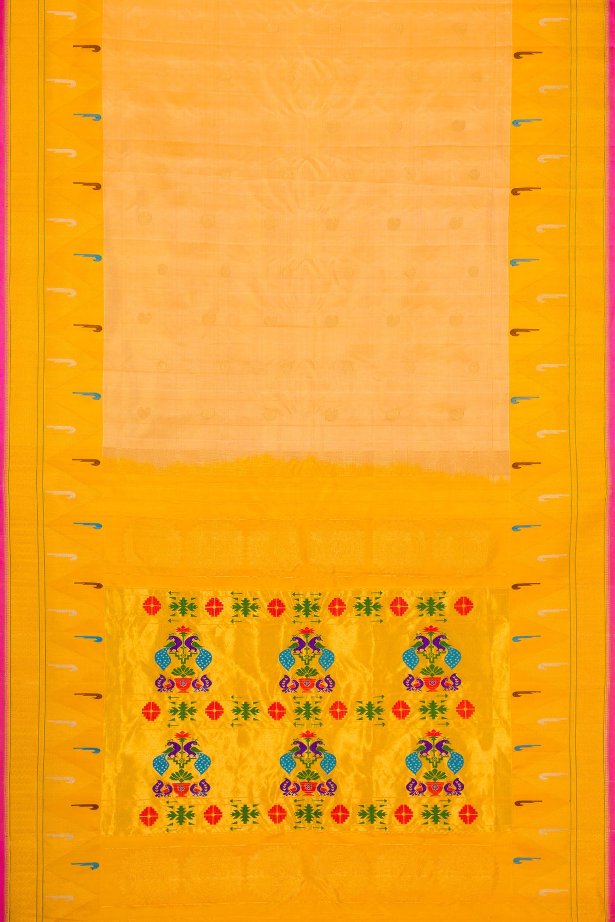 Flat view of Sandal Dual Tone Gadwal Silk Saree with Zari Butta on the body and Paithani Border. 