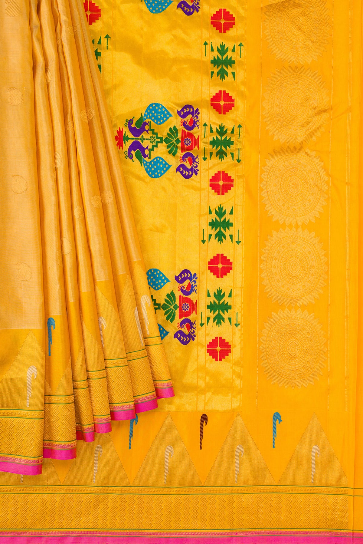 Pleats and pallu of Sandal Dual Tone Gadwal Silk Saree with Zari Butta on the body and Paithani Border. 