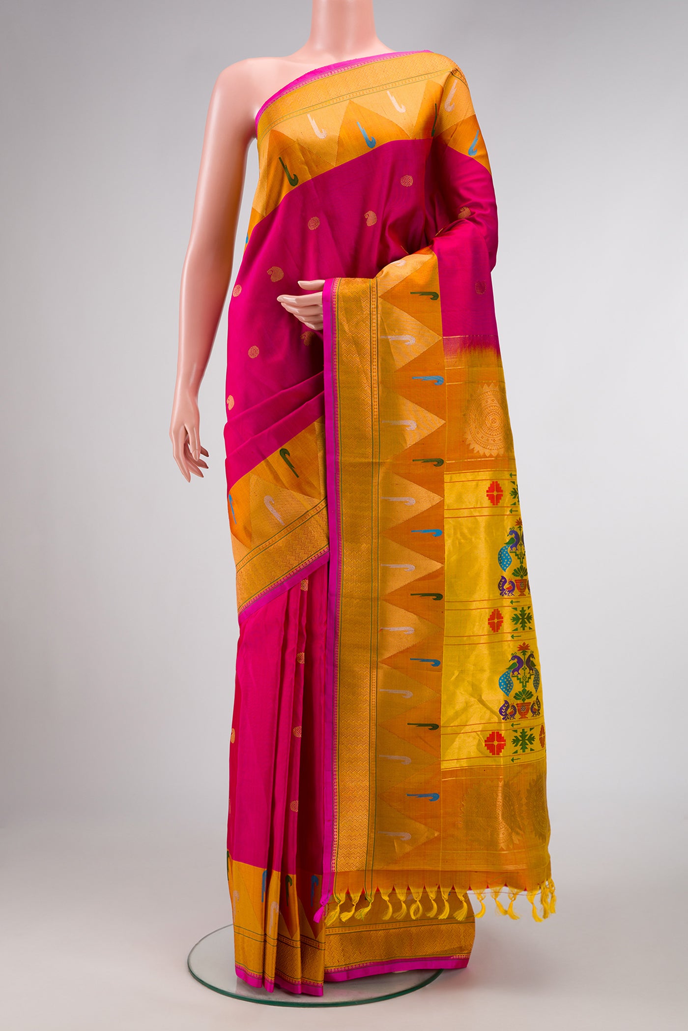 Pink Dual Tone Paithani Silk Saree with Zari Butta on the body and Zari Border.  displayed on a mannequin