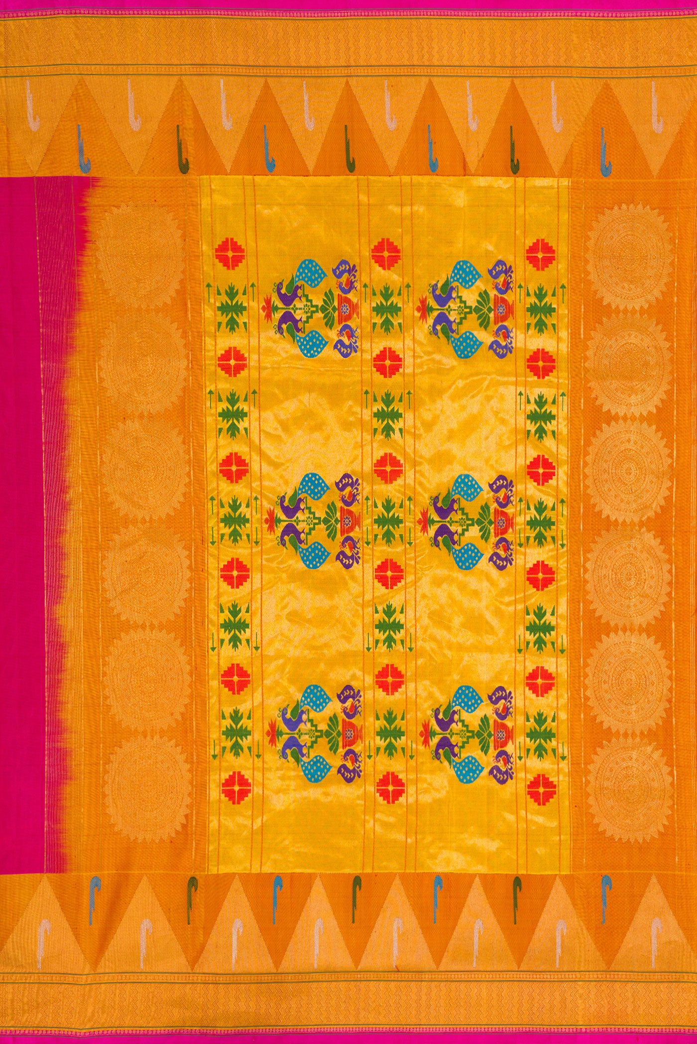 Close up image of the pallu of Pink Dual Tone Paithani Silk Saree with Zari Butta on the body and Zari Border. 