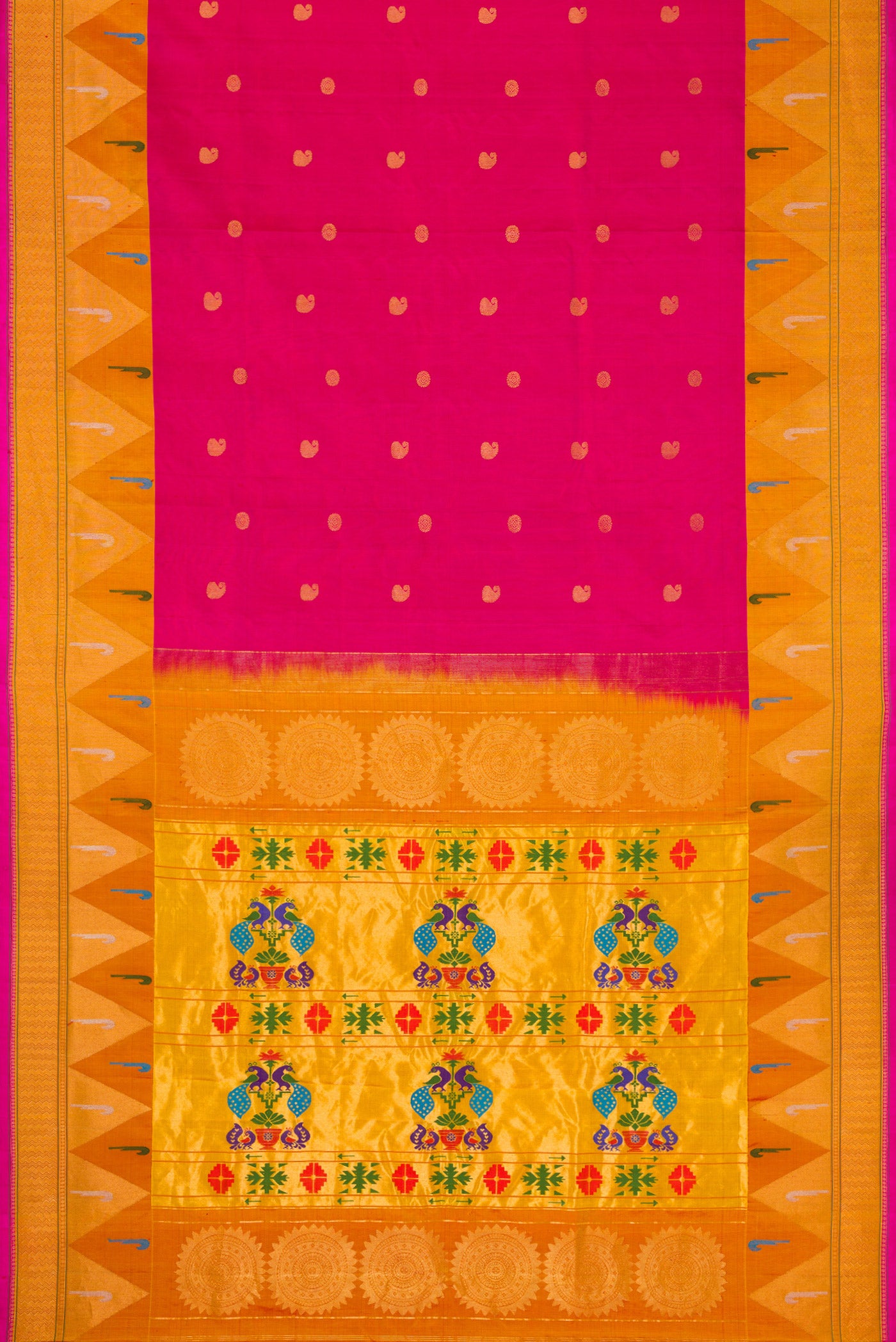 Flat view of Pink Dual Tone Paithani Silk Saree with Zari Butta on the body and Zari Border. 