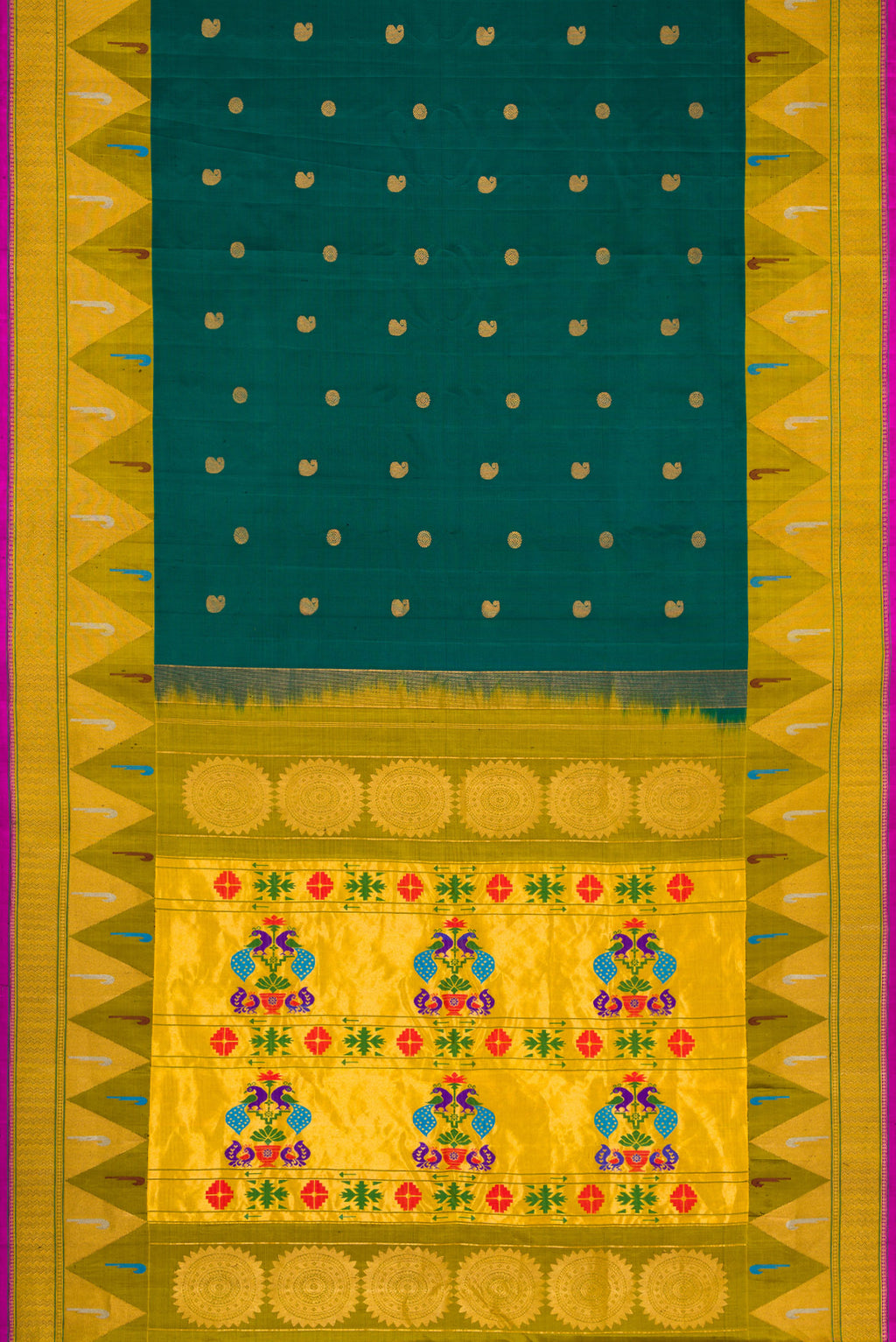 Flat view of Green Dual Tone Gadwal Silk Saree with Zari Butta on the body and Paithani Border. 