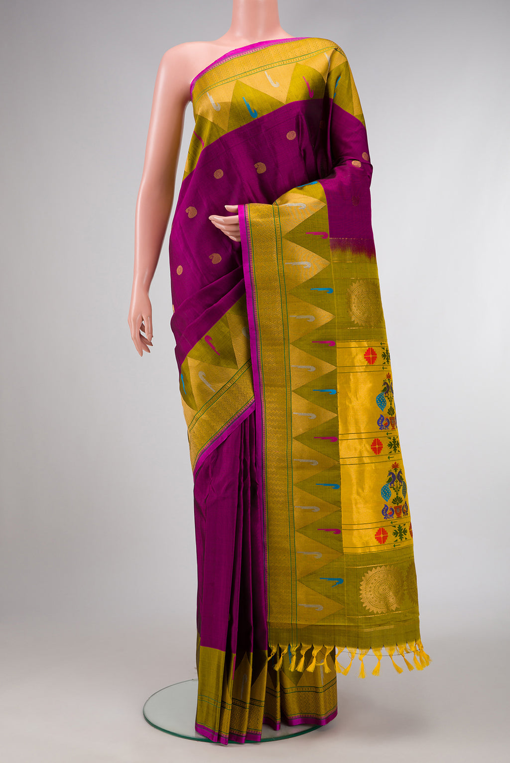 Purple Dual Tone Gadwal Silk Saree with Zari Butta on the body and Paithani Border.  displayed on a mannequin