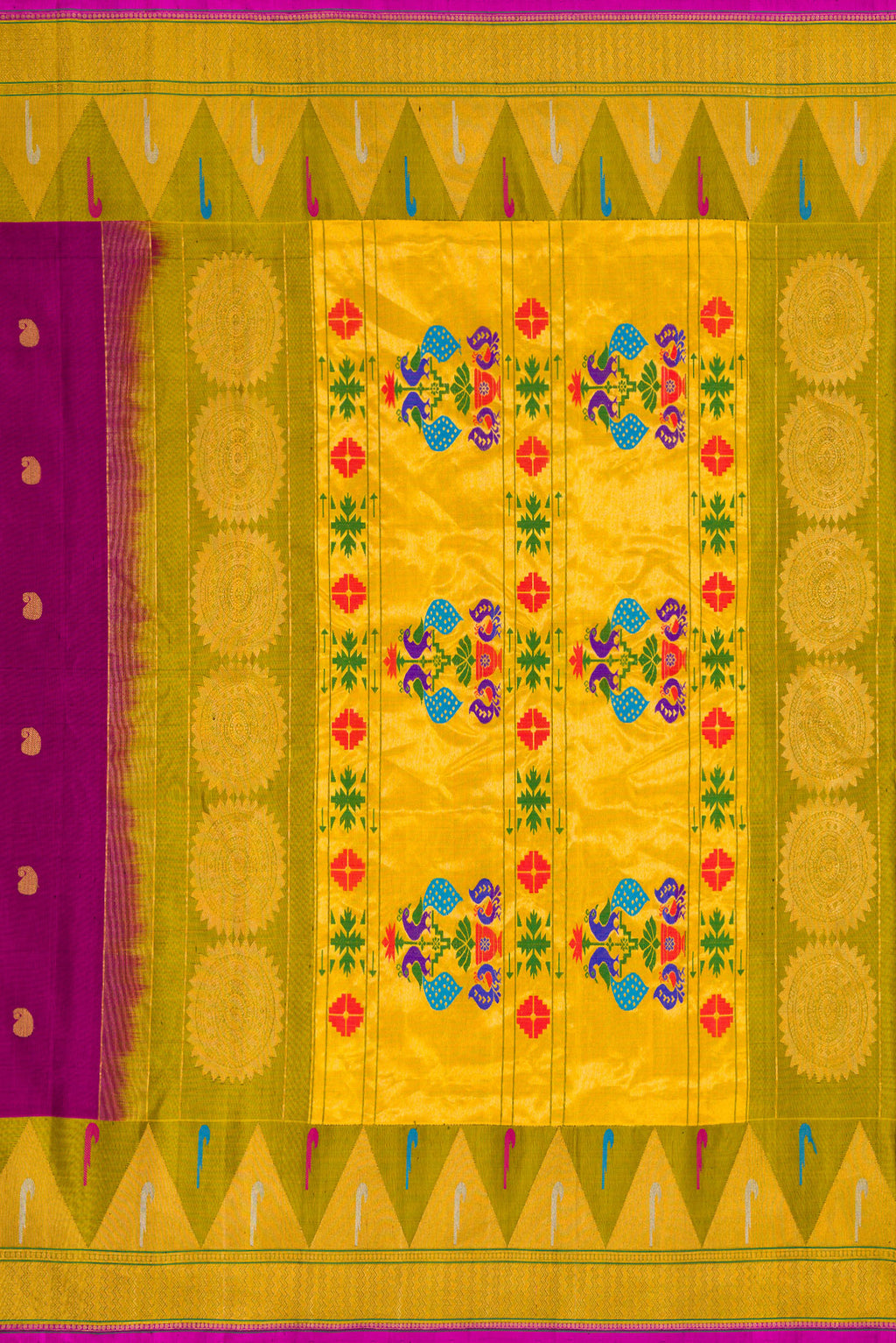Close up image of the pallu of Purple Dual Tone Gadwal Silk Saree with Zari Butta on the body and Paithani Border. 